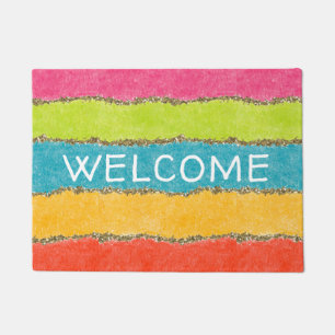 Merry Bright Colors Glittery Stripes Doormat