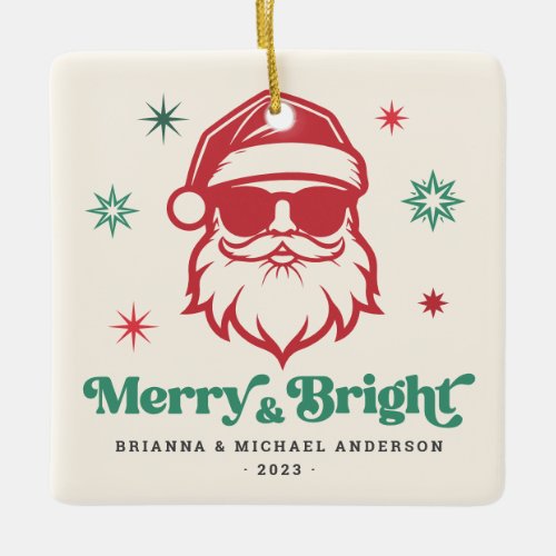 Merry Bright cool Santa in sunglasses retro stars Ceramic Ornament