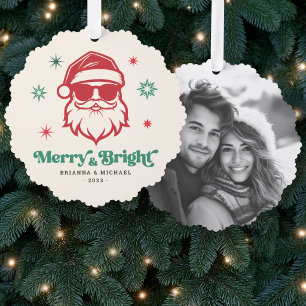 Merry Bright cool Santa in sunglasses retro stars Ornament Card