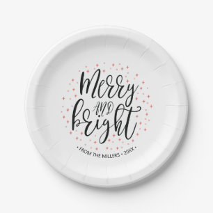 Merry & Bright Coral Christmas Holiday Party Paper Plates
