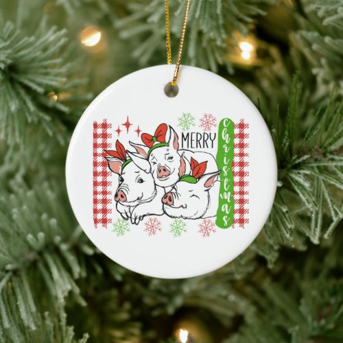 Merry bright Country pigs Holiday Ceramic Ornament