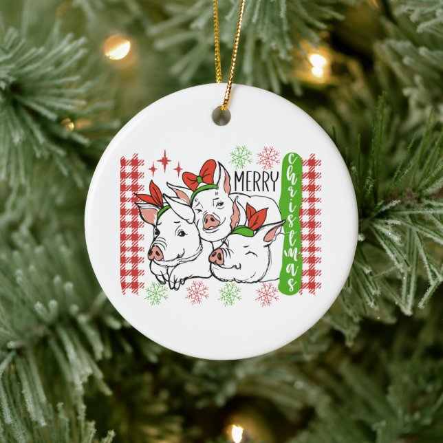 Merry bright Country pigs Holiday Ceramic Ornament (Tree)