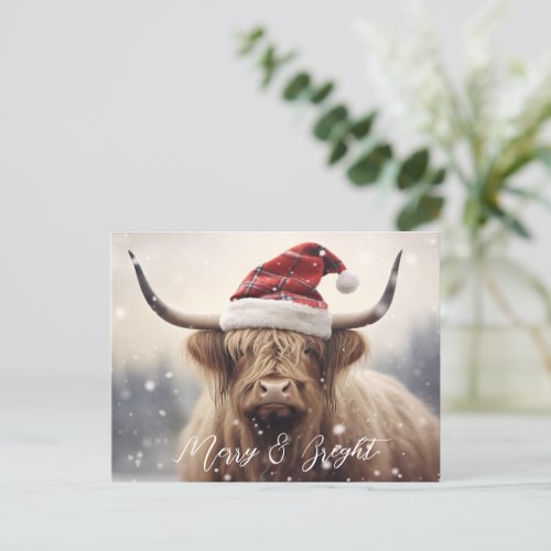 Merry  Bright Cow in a Santa Hat Christmas Holiday Postcard