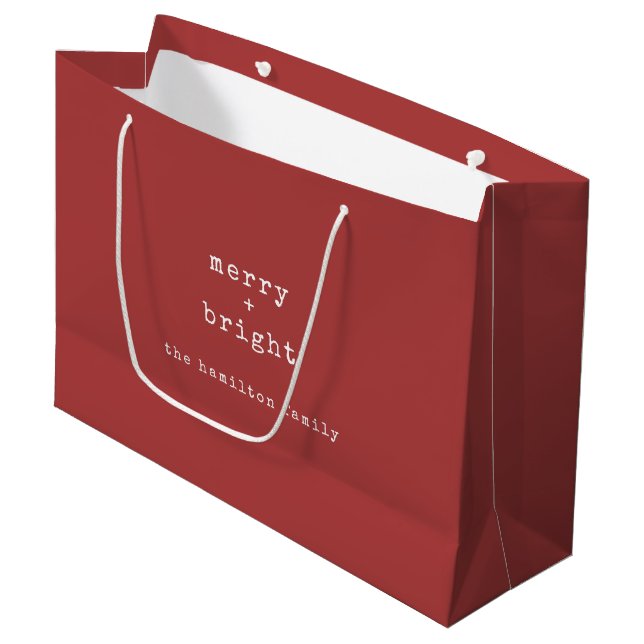 Merry + Bright Custom Family Name Christmas Large Gift Bag (Front Angled)