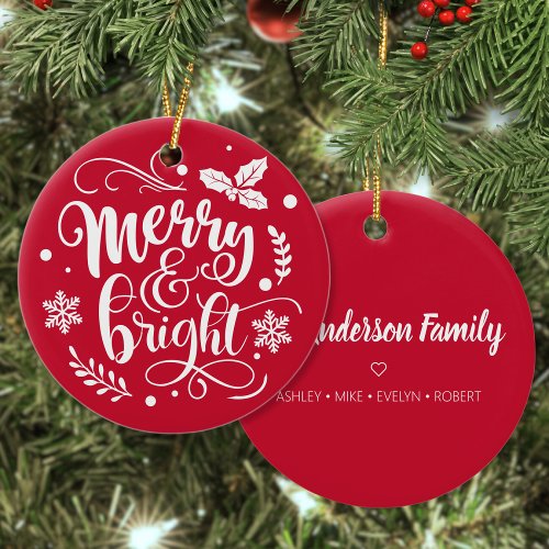 Merry  Bright Custom Family Name Red Christmas Ceramic Ornament