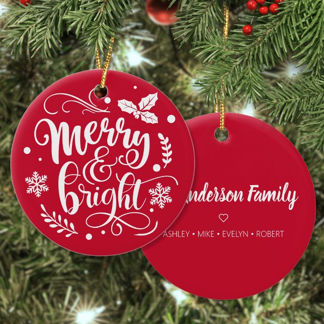 Merry & Bright Custom Family Name Red Christmas Ceramic Ornament (Creator Uploaded)