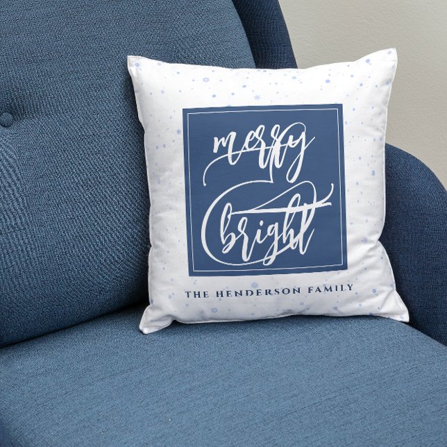 Merry & Bright | Custom Name | Blue Snowflakes Throw Pillow (Creator Uploaded)