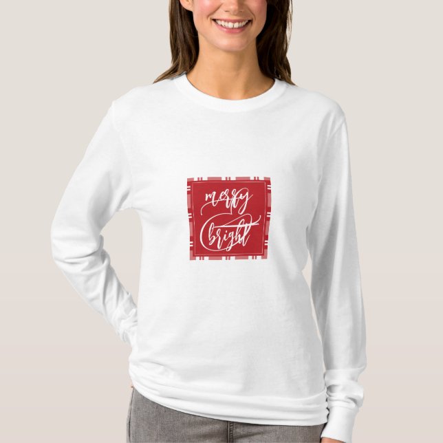 Merry & Bright | Custom Name in Back | Red Plaid T-Shirt (Front)