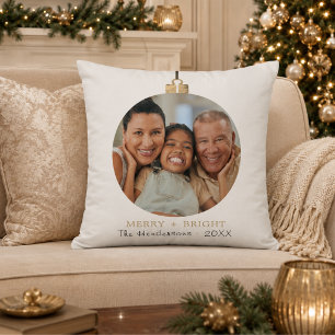 Merry & Bright Custom Photo Gold Colored Ornament Throw Pillow