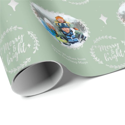 Merry  Bright Custom Photo Green and Silver Wrapping Paper