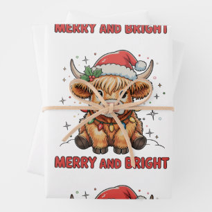 Merry & Bright Cute Highland Baby Cow Christmas Wrapping Paper Sheets