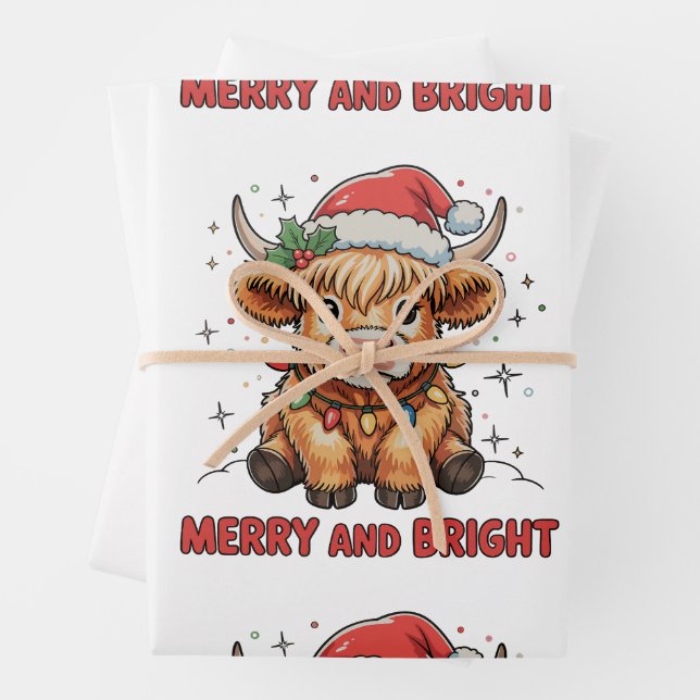 Merry & Bright Cute Highland Baby Cow Christmas Wrapping Paper Sheets (In situ)