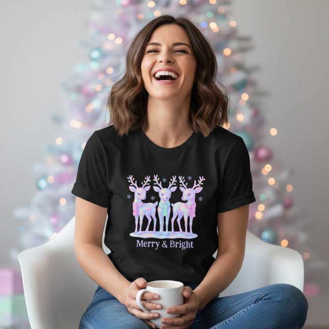 Merry & Bright Cute Irridescent Reindeer Christmas Tri-Blend Shirt (Creator Uploaded)