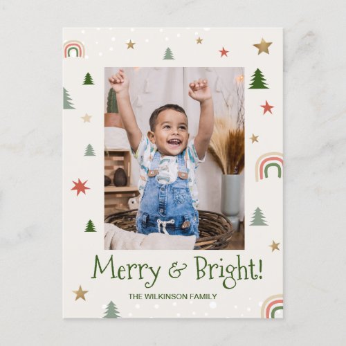 Merry Bright Cute Modern Family photo Christmas Holiday Postcard