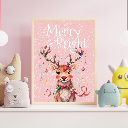 Merry  Bright Cute Reindeer and Christmas Lights Poster