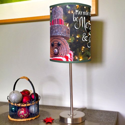 Merry  Bright Cute Rustic Snowman Christmas Tree Table Lamp