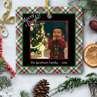 Merry & Bright Cute Tartan Plaid Photo Christmas  Ceramic Ornament