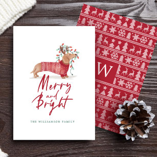 Merry & Bright   Dachshund Christmas Sweater Holiday Card