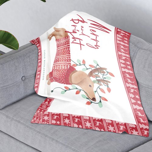 Merry  Bright  Dachshund Dog Christmas Sweater Fleece Blanket