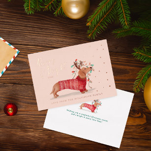 Merry & Bright   Dachshund Dog Christmas Sweater Foil Holiday Card