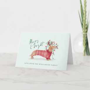 Merry & Bright   Dachshund Dog Christmas Sweater Holiday Card