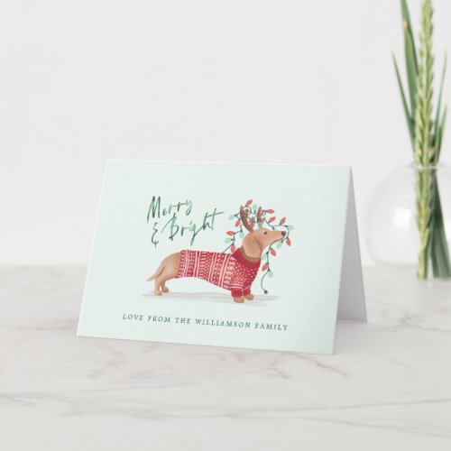 Merry  Bright  Dachshund Dog Christmas Sweater Holiday Card