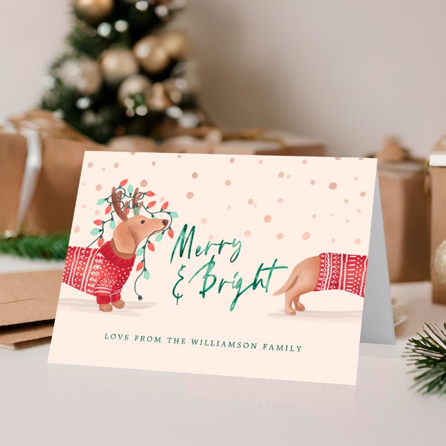 Merry & Bright | Dachshund Dog Christmas Sweater Holiday Card (Merry & Bright | Dachshund Dog Christmas Sweater Holiday Card)