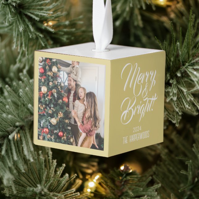 Merry & Bright | Elegant Christmas 3 Family photo Cube Ornament (Tree)