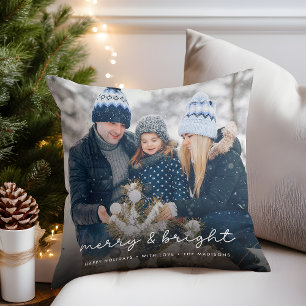 Merry & Bright Elegant Christmas Family Photo Throw Pillow