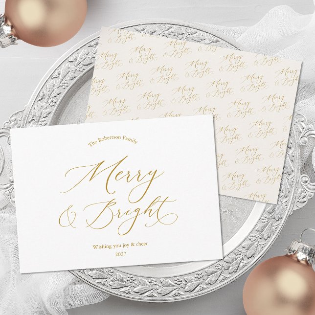 Merry & Bright Elegant Gold Script Christmas Card (Creator Uploaded)