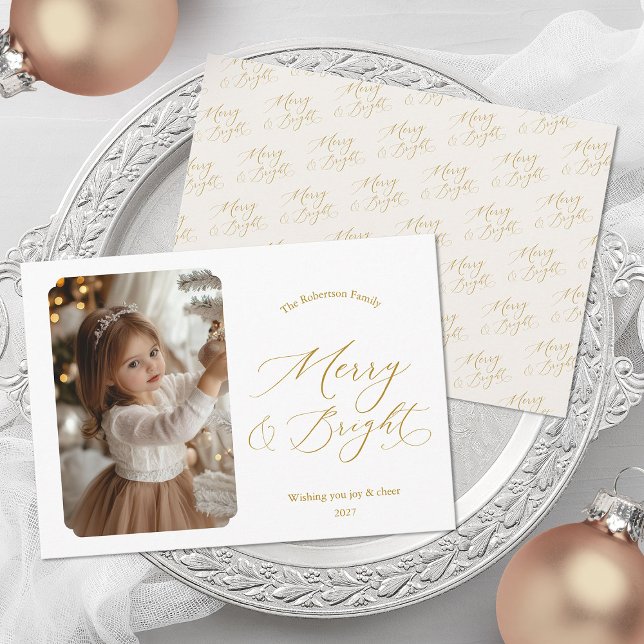 Merry & Bright Elegant Gold Script Christmas Photo Holiday Card (Creator Uploaded)