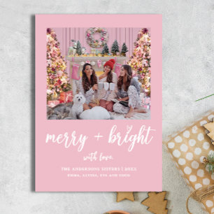 Merry Bright Elegant Pink Sisters Christmas Photo Holiday Card