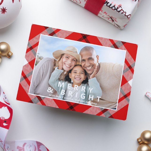 Merry & Bright Elegant Red Plaid Photo Christmas (Creator Uploaded)