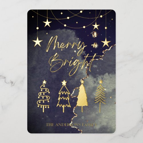 Merry Bright Elegant Script Pine Trees Christmas Foil Holiday Card