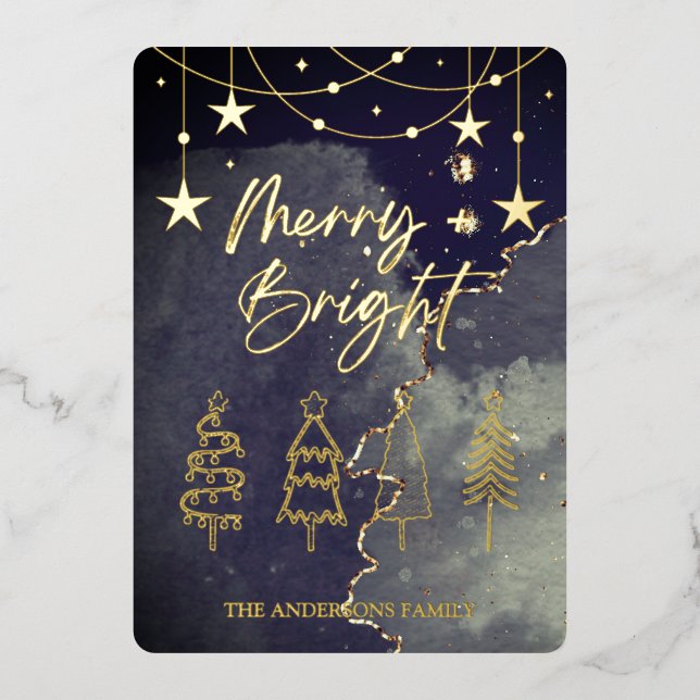 Merry Bright Elegant Script Pine Trees Christmas Foil Holiday Card (Front)