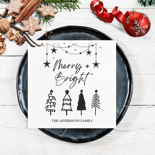 Merry Bright Elegant Script Pine Trees Christmas Napkins