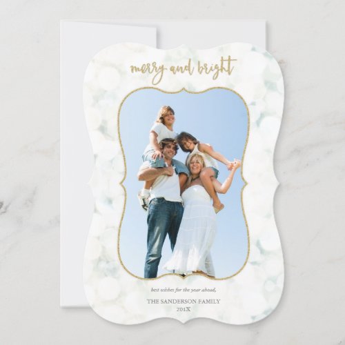 Merry  Bright Elegant White and Gold Photo Card