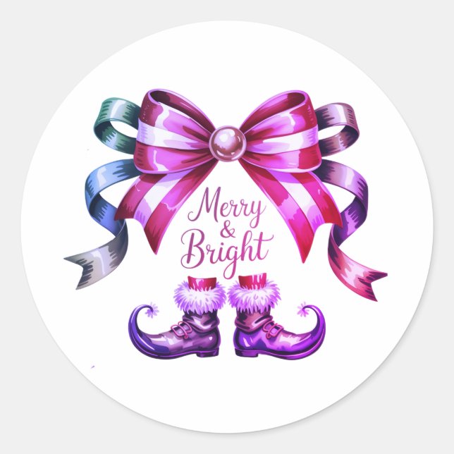 Merry & Bright Enchanted Bow & Elf Shoes Christmas Classic Round Sticker (Front)