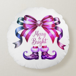 Merry & Bright Enchanted Bow & Elf Shoes Round Pillow
