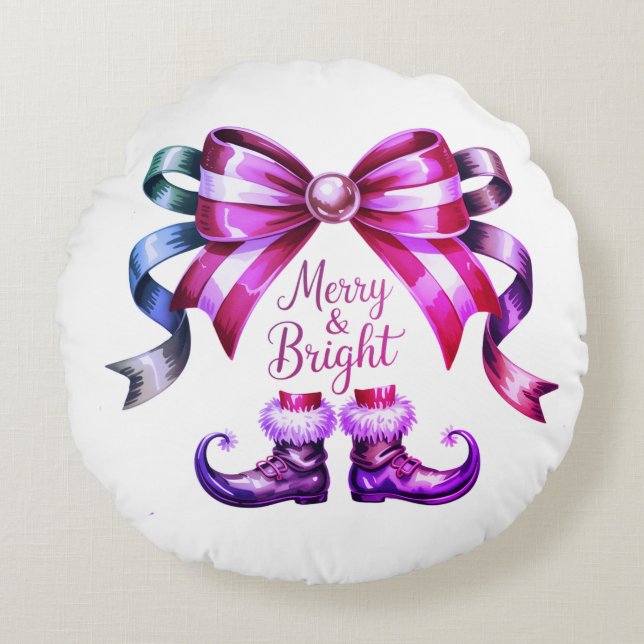 Merry & Bright Enchanted Bow & Elf Shoes  Round Pillow (Front)
