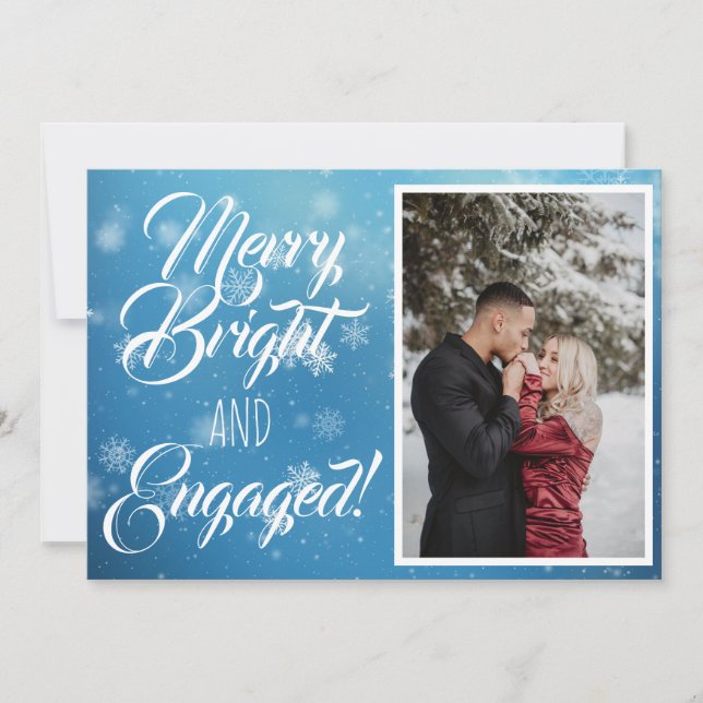 Merry Bright Engaged Blue Snowflake Bokeh Photo Holiday Card (Front)