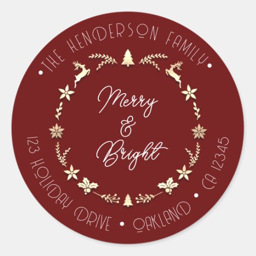 Merry Bright Family Address Deer Gold Wreath Red Classic Round Sticker