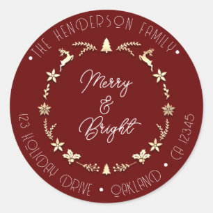 Merry Bright Family Address Deer Gold Wreath Red Classic Round Sticker