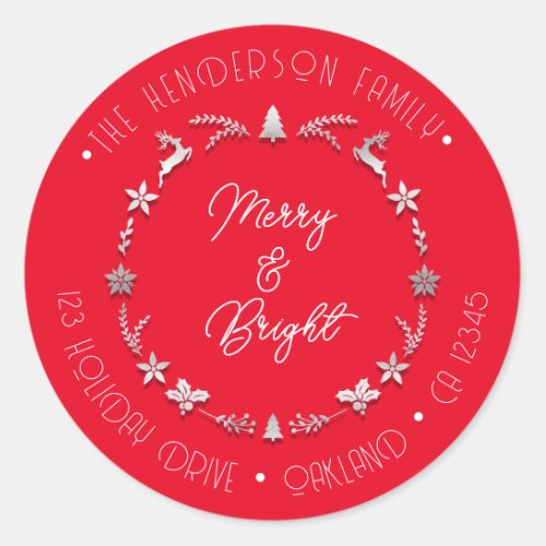 Merry Bright Family Address Deer Gray Wreath Red Classic Round Sticker