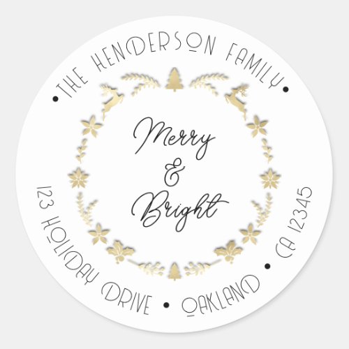 Merry Bright Family Address Deer Star Gold White Classic Round Sticker