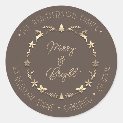 Merry Bright Family Address Deer Stars Gold Brown Classic Round Sticker