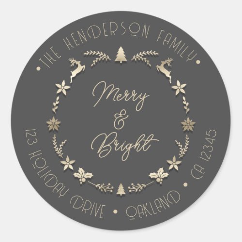 Merry Bright Family Address Deer Stars Gold Gray Classic Round Sticker
