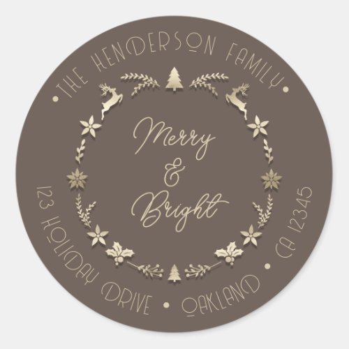 Merry Bright Family Address Deer Stars Gold Sepia Classic Round Sticker