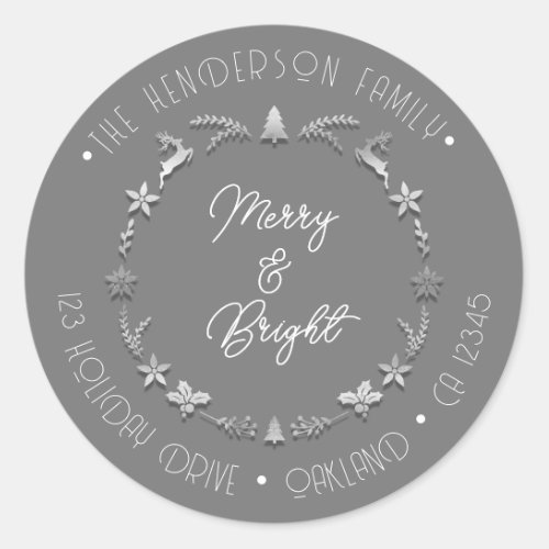 Merry Bright Family Address Deer Stars White Gray  Classic Round Sticker