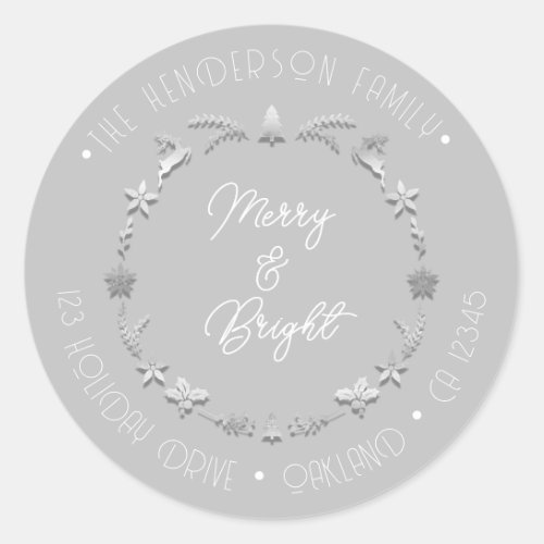 Merry Bright Family Address Deer Wreath Silver  Classic Round Sticker